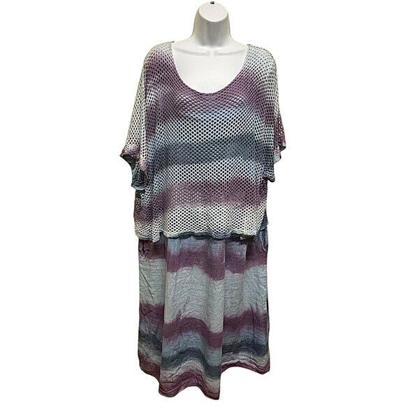 Made in Italy Linen Blend Blue Purple Watercolor Bold Stripe Midi Dress Size M - Picture 1 of 10
